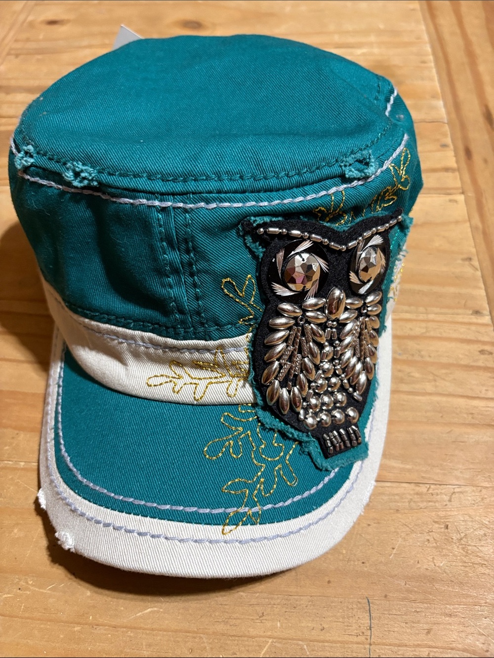 Teal and White Owl Embellished Cap